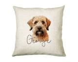 Personalised Soft Coated Wheaten Terrier name cushion with watercolour Soft Coated Wheaten Terrier portrait and name in script
