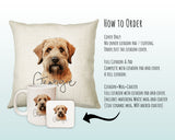 How to order the Soft Coated Wheaten Terrier cushion - Cover Only, Full Cushion and Pad, or Cushion+Mug+Coaster