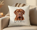 Personalised Dogue de Bordeaux name cushion on a sofa