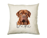 Personalised Dogue de Bordeaux name cushion with watercolour Dogue de Bordeaux portrait and name in script