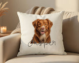 Personalised Nova Scotia Duck Tolling Retriever name cushion on a sofa