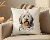 Personalised Old English Sheepdog name cushion on a sofa