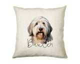 Personalised Old English Sheepdog name cushion with watercolour Old English Sheepdog portrait and name in script