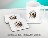 Personalised Old English Sheepdog cushion with matching mug and coaster