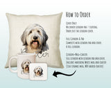 How to order the Old English Sheepdog cushion - Cover Only, Full Cushion and Pad, or Cushion+Mug+Coaster