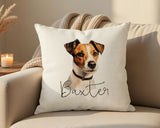 Personalised Jack Russell Terrier name cushion on a sofa