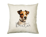 Personalised Jack Russell Terrier name cushion with watercolour Jack Russell Terrier portrait and name in script