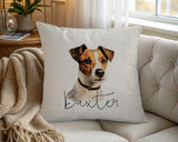 Personalised Jack Russell Terrier name cushion on a chair by the window