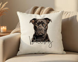 Personalised Staffordshire Bull Terrier name cushion on a sofa