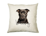 Personalised Staffordshire Bull Terrier name cushion with watercolour Staffordshire Bull Terrier portrait and name in script