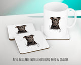 Personalised Staffordshire Bull Terrier cushion with matching mug and coaster