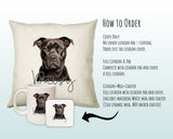 How to order the Staffordshire Bull Terrier cushion - Cover Only, Full Cushion and Pad, or Cushion+Mug+Coaster
