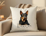 Personalised Australian Kelpie name cushion on a sofa