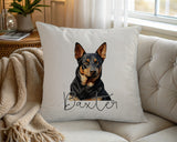 Personalised Australian Kelpie name cushion on a chair by the window