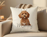 Personalised Cavapoo name cushion on a sofa