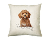Personalised Cavapoo name cushion with watercolour Cavapoo portrait and name in script