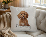 Personalised Cavapoo name cushion on a chair by the window