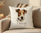 Personalised Fox Terrier name cushion on a sofa