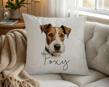 Personalised Fox Terrier name cushion on a chair by the window
