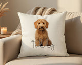 Personalised Goldendoodle name cushion on a sofa