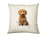 Personalised Goldendoodle name cushion with watercolour Goldendoodle portrait and name in script