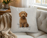 Personalised Goldendoodle name cushion on a chair by the window