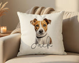 Personalised Jack Russell Terrier name cushion on a sofa
