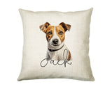 Personalised Jack Russell Terrier name cushion with watercolour Jack Russell Terrier portrait and name in script