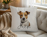 Personalised Jack Russell Terrier name cushion on a chair by the window