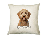 Personalised Labradoodle name cushion with watercolour Labradoodle portrait and name in script