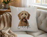 Personalised Labradoodle name cushion on a chair by the window