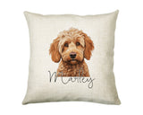 Personalised Cockapoo name cushion with watercolour Cockapoo portrait and name in script