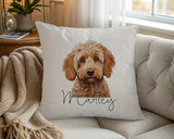 Personalised Cockapoo name cushion on a chair by the window