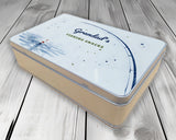Fishing snack treat tin personalised with a name, angled view showing the printed lid and metal tin