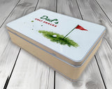 Golf snack treat tin personalised with a name, angled view showing the printed lid and metal tin