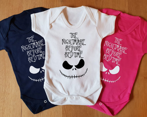 three bodysuits with the words the nightmare before bedtime on them