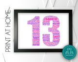 Personalised PRINTABLE Age 13th Birthday Thirteen 13th Gift Word Art For Teenager Girl Or Boy Wall Room Decor Digital Download Prints