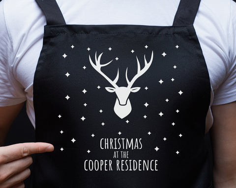 Personalised Mens Christmas Reindeer Apron - Gift For Him Dad Grandad Family Name Cooking Baking Head Chef BBQ Design AP0035