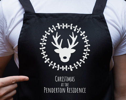Personalised Mens Christmas Reindeer Apron - Gift For Him Dad Grandad Family Name Cooking Baking Head Chef BBQ Design AP0036