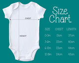 a size chart for a baby's bodysuit with measurements