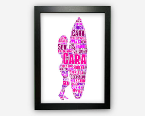 Personalised Surfing Surfer Girl Surfer Chick Gift Word Art Wall Room Decor Prints PG0068