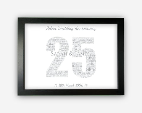 Personalised Anniversary Gifts Word Art Wall Print - Silver 25 Years Gifts Wall Decor Custom Word Cloud Wall Art A3 A4 A5 8x10 Print SC0163