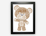 Personalised Teddy Bear New Baby Gift Word Art Wall Room Decor Prints PG0556