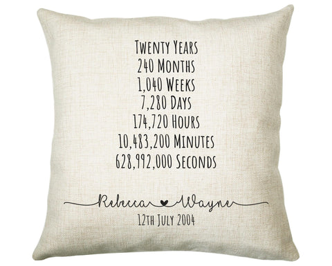 Personalised 20th Anniversary Cotton Gift Cushion Twenty Years Custom Design Gift Valentines Present - Wedding Cushion Pillow Gift CS472