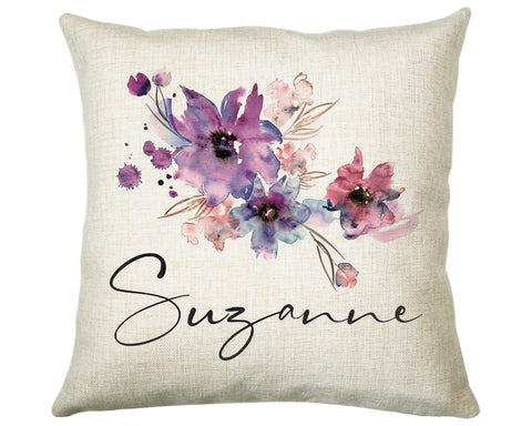 Personalised Watercolour Flowers Cushion Gift Printed Name Design - Cushion Throw Pillow Gift For Sitting Room Bedroom Birthday Gift CS489