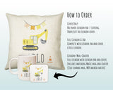 Personalised Digger Cushion Gift Boys Bedroom Printed Name Design - Pillow Gift For Girls Boys Nursery Decor Gift CS260