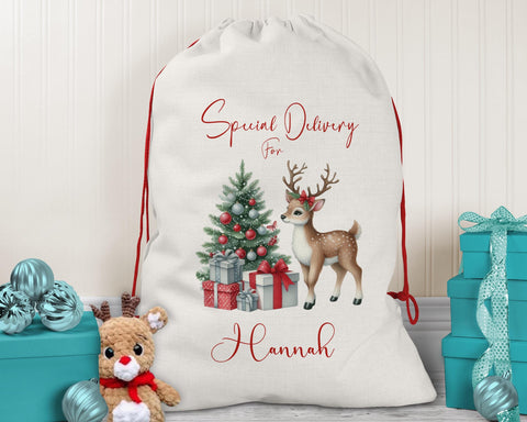Personalised Christmas Sack - Santa Sack for Kids Presents Xmas Reindeer Tree Design Stocking Christmas Eve Bag Box for Girls & Boys XS015