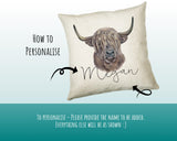 Personalised Highland Cow Cushion Gift Printed Name Design - Cushion Throw Pillow Gift Scottish Cattle Design CS306