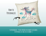 Personalised Unicorn Cushion Gift Printed Name Design - Cushion Throw Pillow Gift For Girls Nursery Bedroom Birthday Christmas Gift CS034
