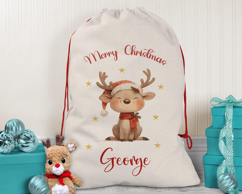 Personalised Christmas Sack - Santa Sack for Kids Presents Xmas Cute Reindeer Design Stocking Christmas Eve Bag Box for Girls & Boys XS031
